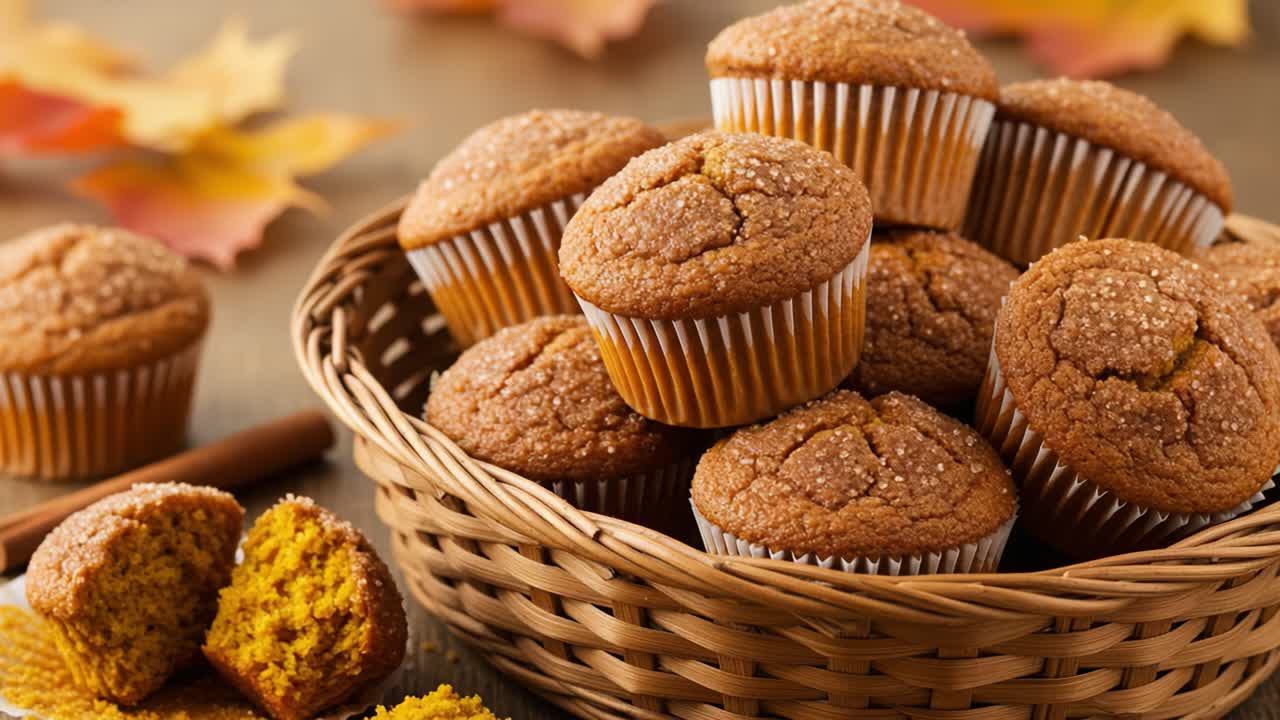 Muffin alla zucca deliziosamente cotti, esposti in un cesto rustico su uno sfondo di foglie autunnali, catturando l'essenza dell'accogliente pasticceria stagionale e della delizia culinaria