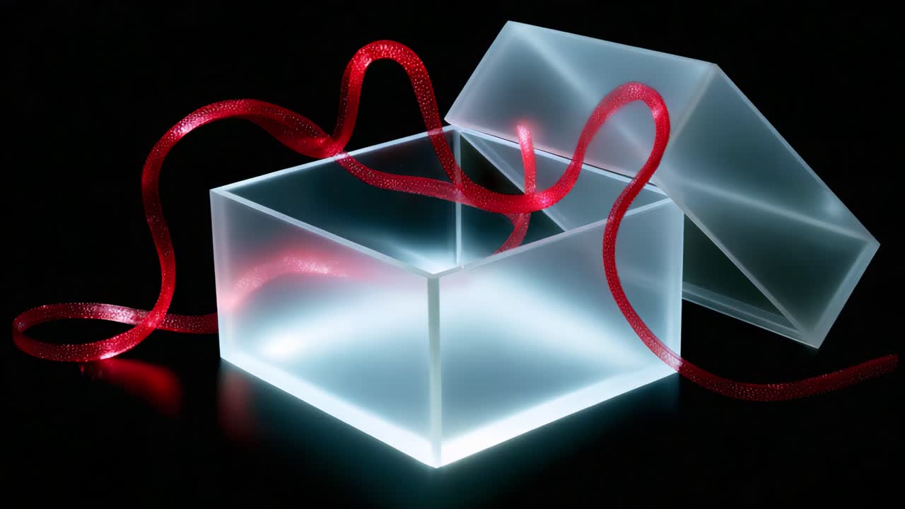 A Captivating Display of an Elegant Frosted Box with a Luminous Glow, Adorned with a Vibrant Red Ribbon, Evokes a Magical Atmosphere of Anticipation and Curiosity in a Sleek Black Setting