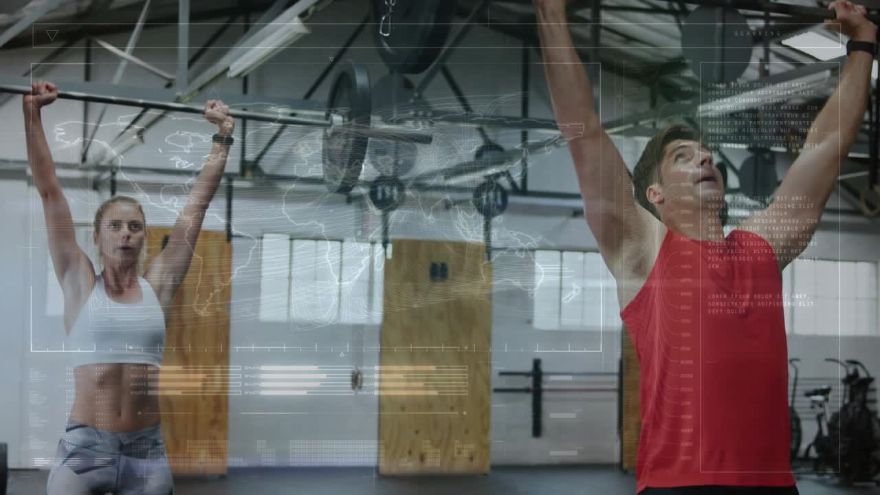 Two athletes hinging and gripping barbell, lifting to overhead for fitness, HUD overlaying athletes