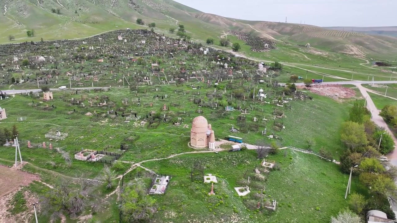 Drone of Baitik Mausoleum historical landmark in Bishkek cemetery, Kyrgyzstan.