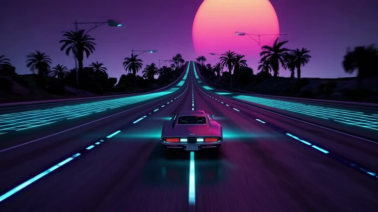 Vintage sports car speeding through neon bathed highway, silhouetted against sunset sky, palm trees framing cyberpunk inspired landscape with dynamic motion and vivid coloration