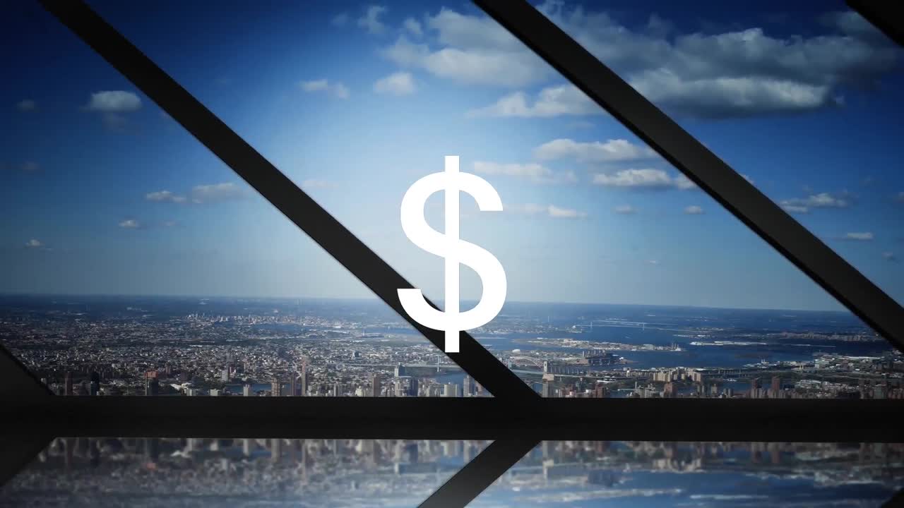 animación del signo del dólar estadounidense sobre el paisaje urbano.