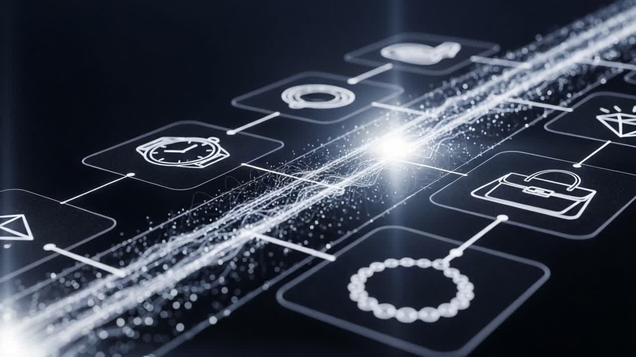 Visual Representation of a Dynamic Data Flow with Jewelry and Accessory Icons in a Modern Digital Interface