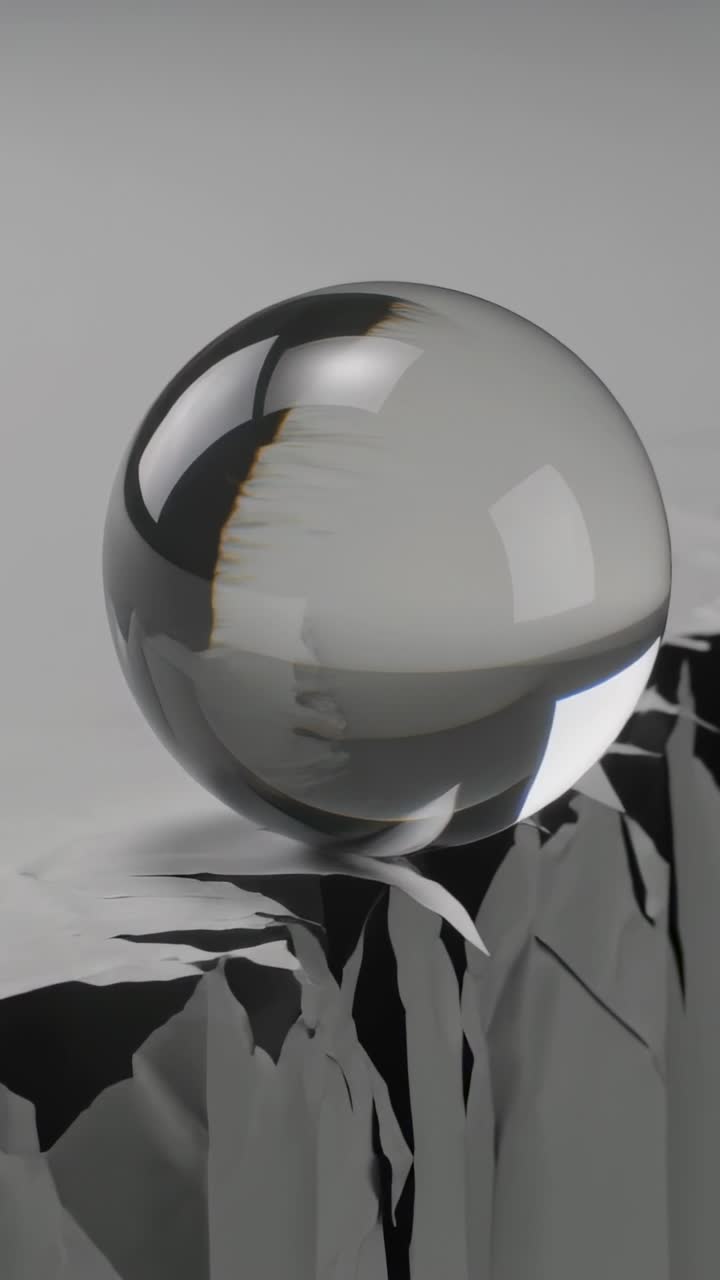 Video verticale: Sfera di vetro che rotola su un piano grigio verso un bordo frastagliato, mostrando i riflessi.