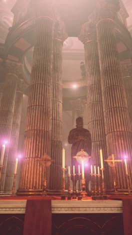 a dark and dramatic interior of a church with an altar adorned with candles and crosses