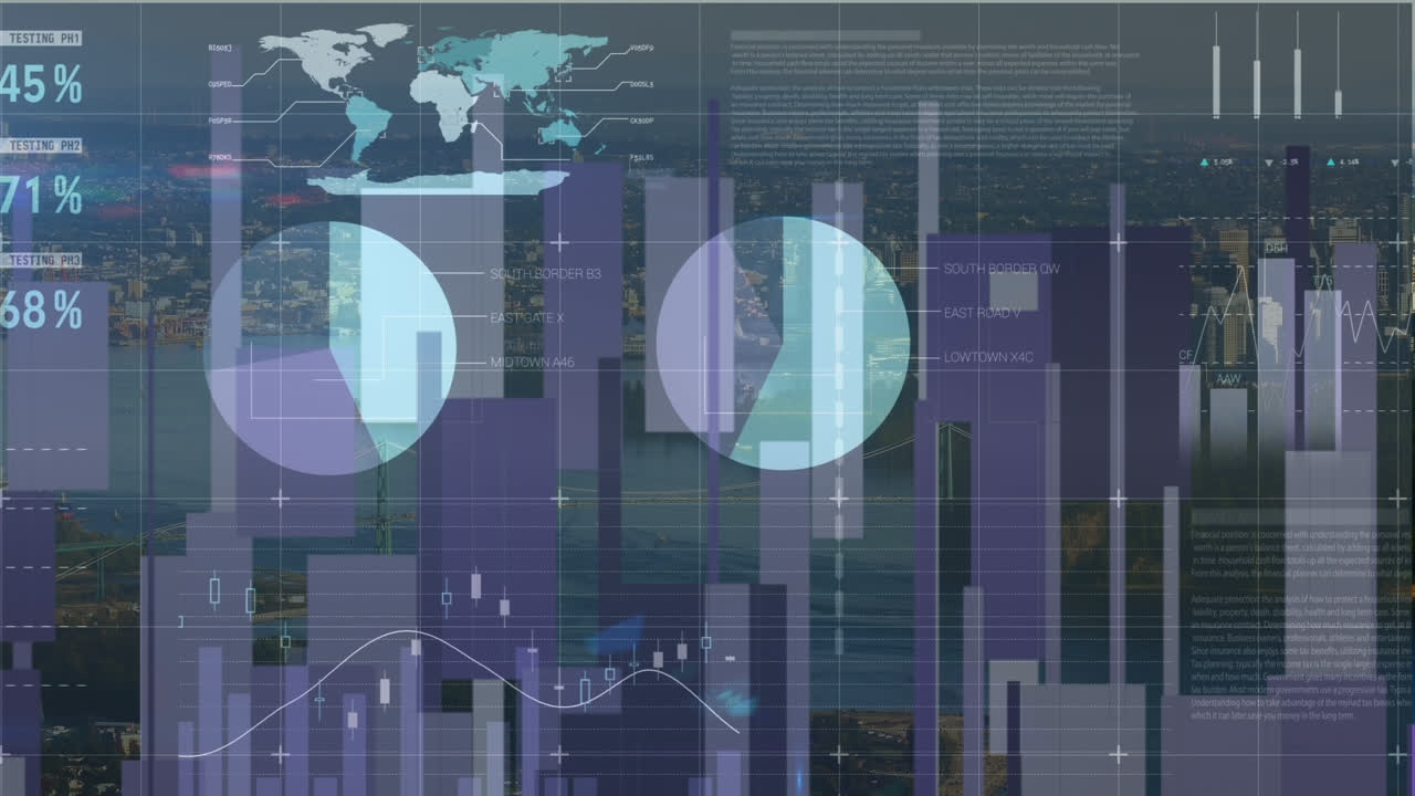 Animation of financial data and graphs over cityscape