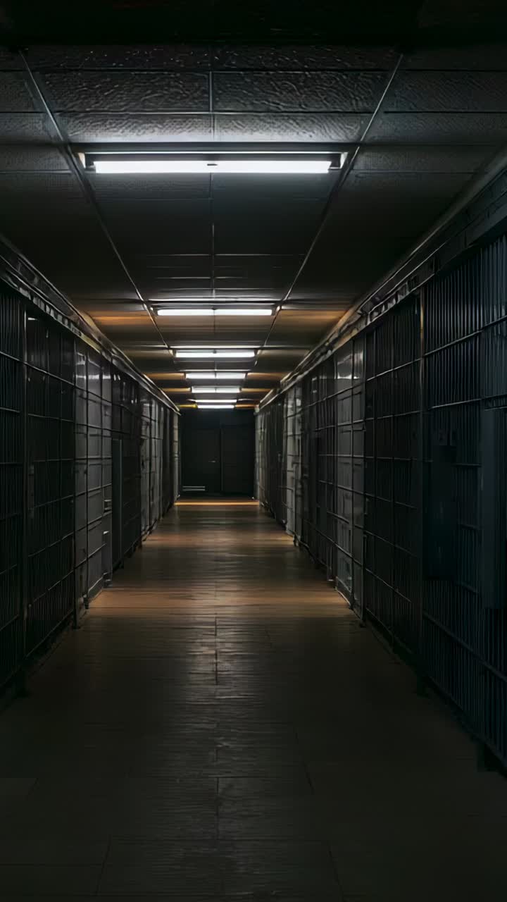 Vertical video: Camera holding steady, long empty secure hall emphasizing lights and barred gates