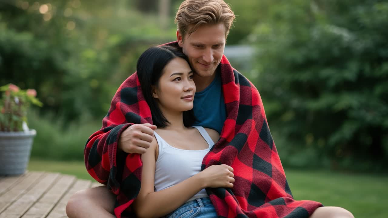 Couple embracing under a plaid blanket outdoors