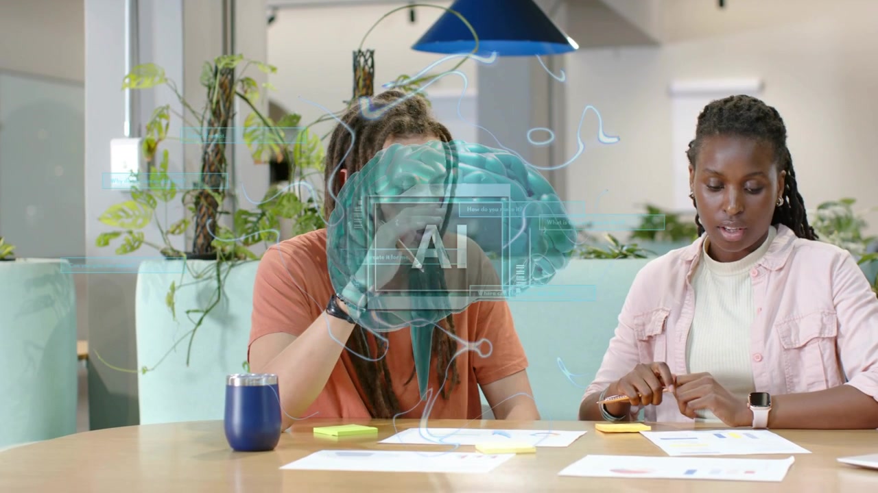 Hologram AI brain appearing over table, two teammates leaning, pointing, sorting notes for business