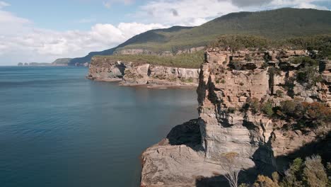 Toma-Aérea-Delantera-Del-Parque-Nacional-De-Tasmania-Con-Un-Hermoso-Paisaje-Al-Fondo-En-Tasmania