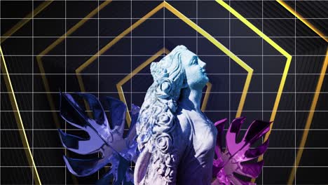 animation of distorting classical sculpture of woman over gold hexagons and grid on black background