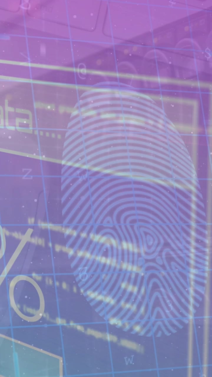 Animation of data processing on moving screens over purple background