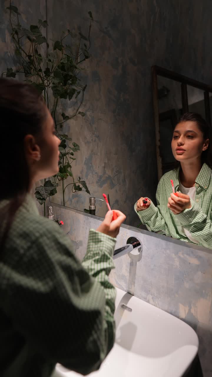 Woman Applying Lipstick in Front of Bathroom Mirror