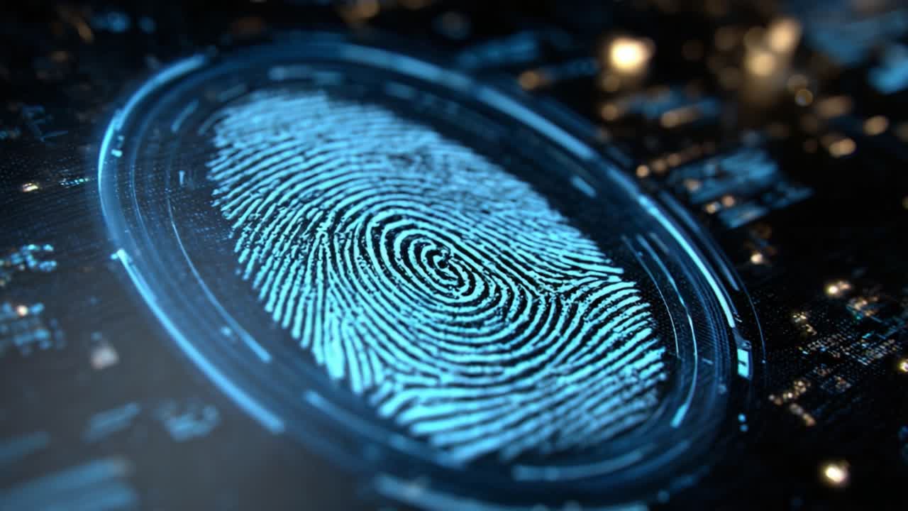 A High-Tech Close-Up of a Digital Fingerprint Against a Futuristic Background, Showcasing Intricate Details and Biometric Security Features in Modern Technology