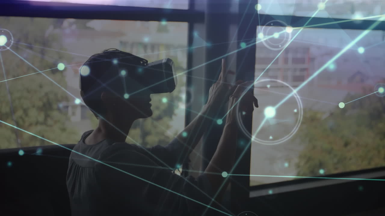 Animation of network of connections over woman wearing vr headset
