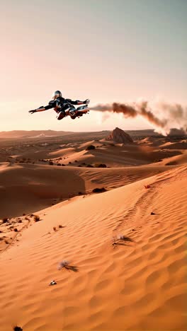 robot flying over desert dunes at sunrise