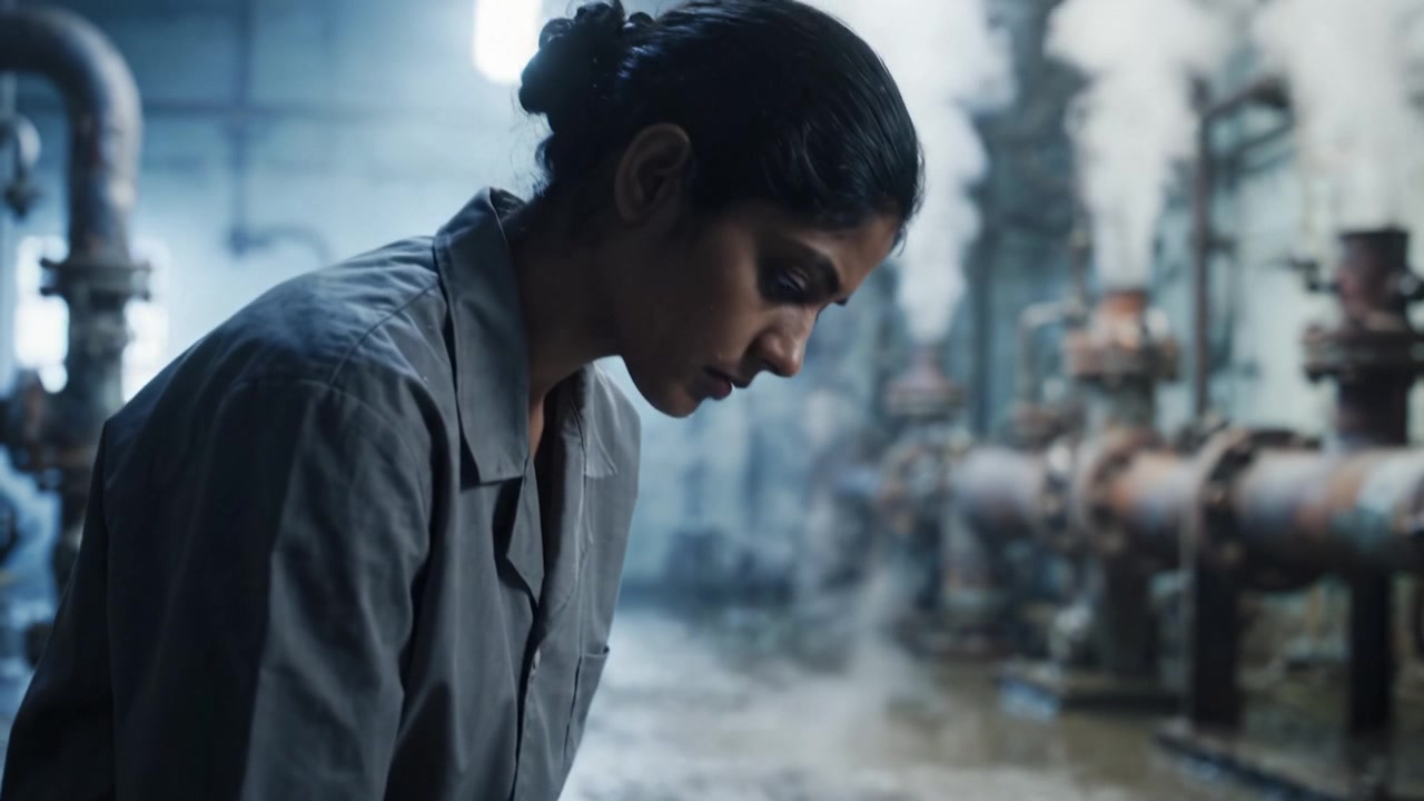 A powerful portrayal of despair and confinement, depicting two individuals in a grim industrial setting, revealing the struggles they endure amidst harsh conditions.