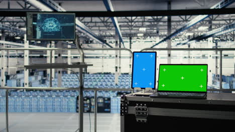 green screen notebook and mockup tablet in industrial data center