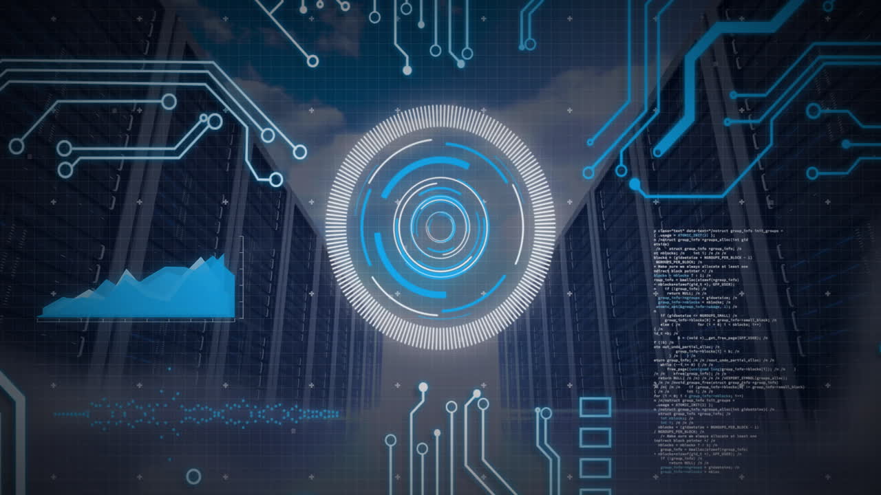 Futuristic digital interface with data processing animation over server racks