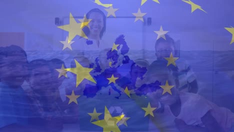 animación de la bandera de la ue sobre diversos voluntarios que segregan los residuos