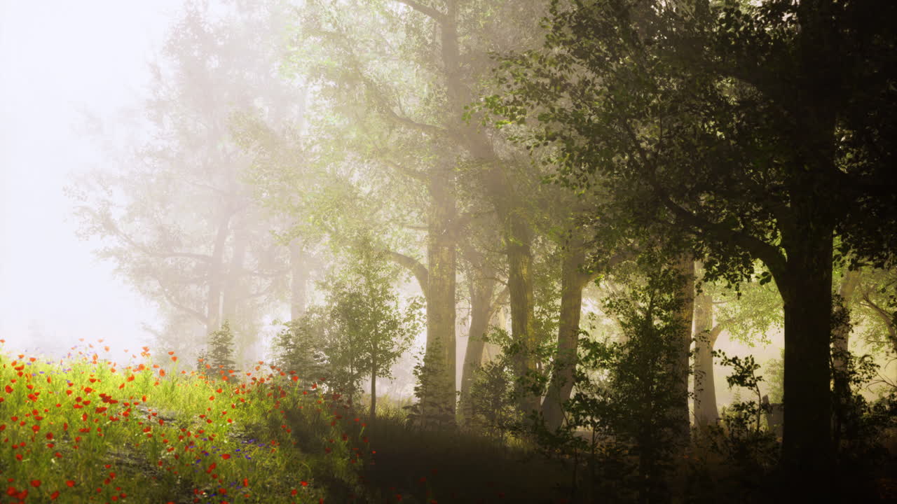 Morning fog envelops a vibrant meadow and towering trees at dawn