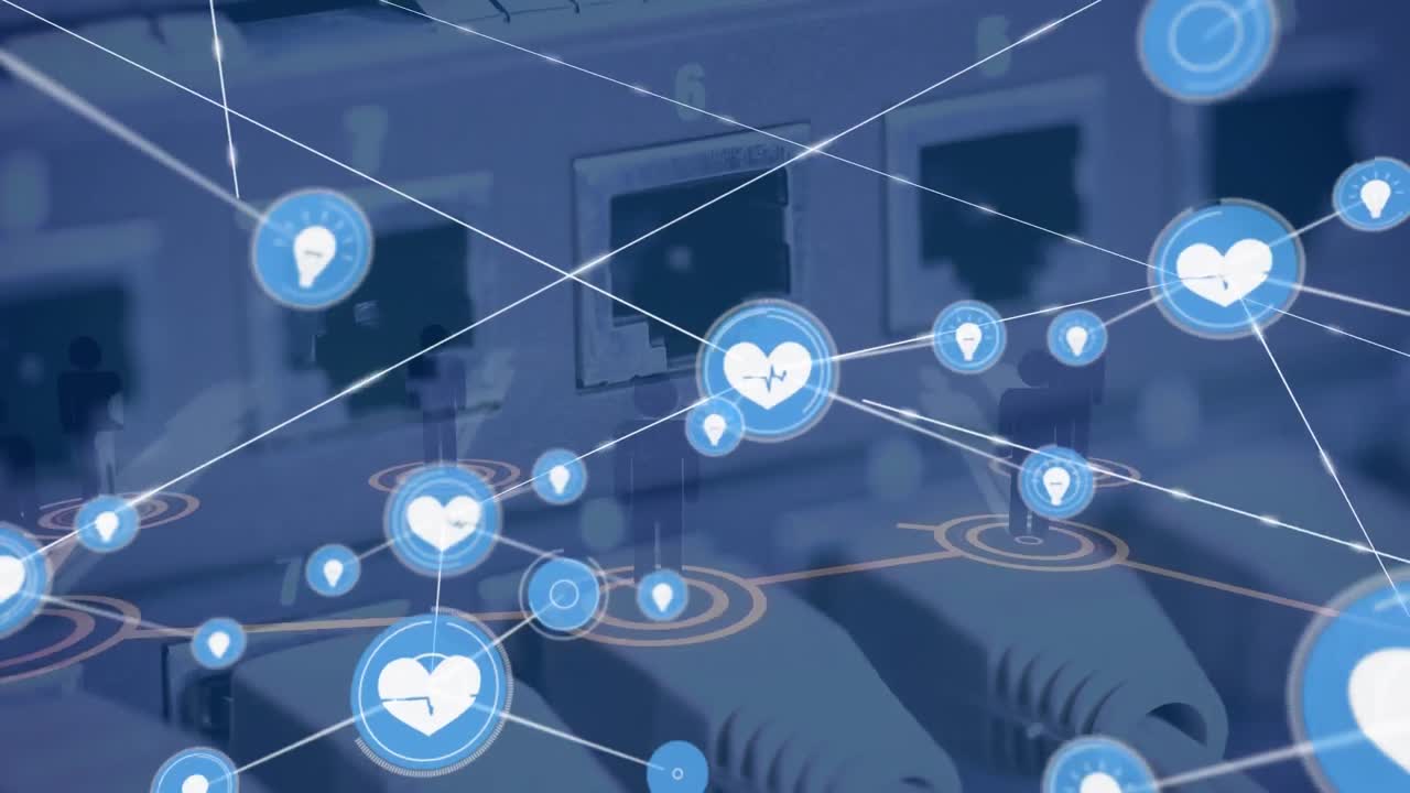 컴퓨터 서버의 클로즈업에서 디지털 아이콘 네트워크 및 비즈니스 네트워킹 아이콘의 애니메이션