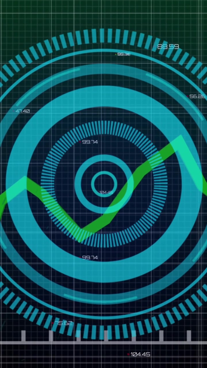 Animation of financial data processing over scope scanning on black background