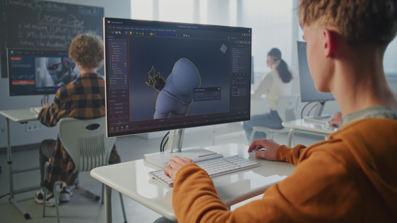 Focused Student in University Game Development Course Designs 3D Character for Video Game