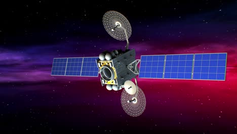 un satélite artificial ficticio gira sobre el fondo de una nebulosa espacial abstracta, un bucle sin costuras, animación 3d