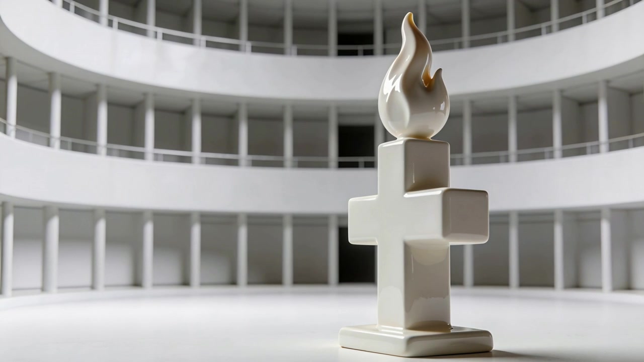 Telecamera in movimento che mostra dettagli, rivelando una croce in ceramica con fiamma dai bordi dorati nell'atrio, spazio per il testo.