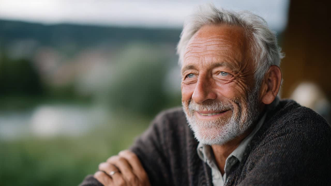 Um senhor pensativo com um sorriso caloroso, refletindo sobre a vida em um ambiente sereno, exibindo sabedoria, experiência e uma profunda conexão com a natureza e seus pensamentos.