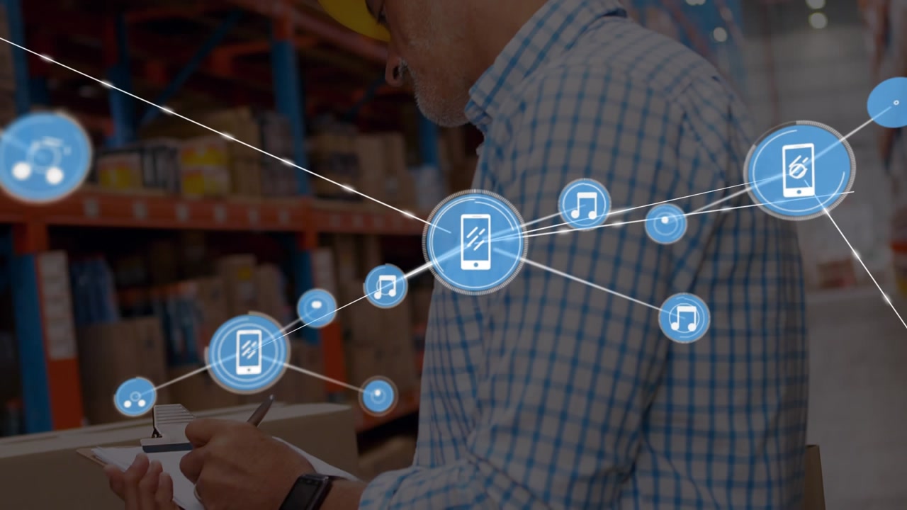 Video illustrates global shipping and connections through repeated "network" motif.