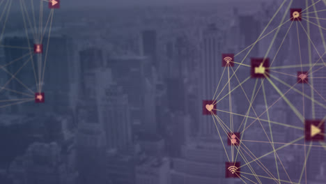 globo de iconos digitales contra el paisaje urbano
