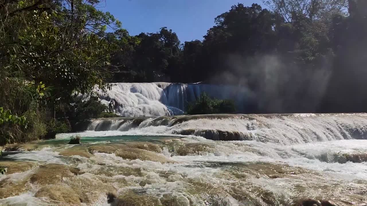 Tilting down on a waterfall in the middle of the jungle in Agua Azul Mexico