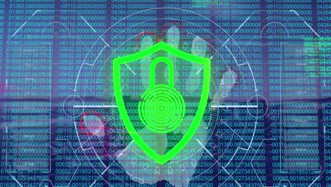 Animation-of-security-padlock-icon-over-hand-scanning-against-data-processing-on-blue-background