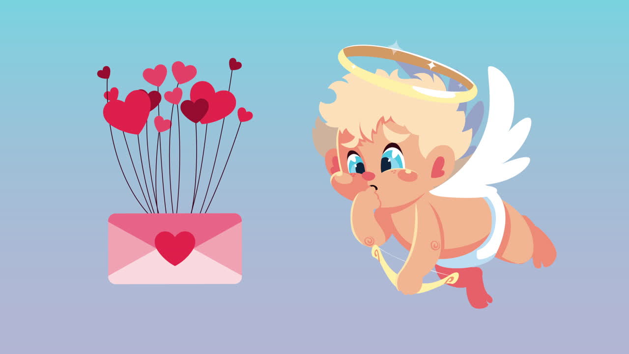 happy valentines day card with cupid angel flying and love envelope floating
