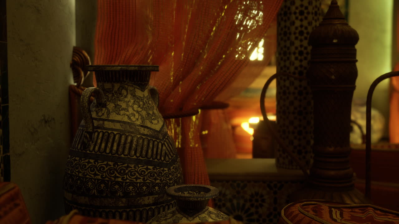 Traditional decorative pottery and textiles in a warm inviting space