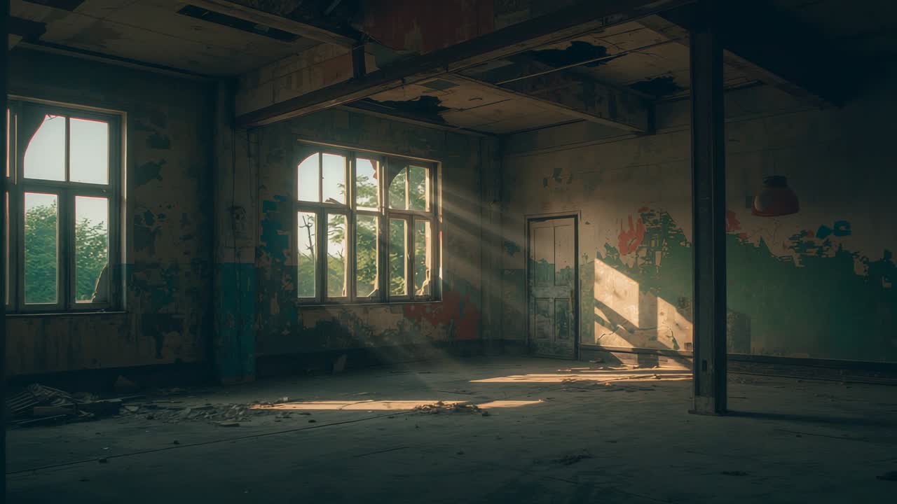 Filling abandoned room, sunlight streaming through windows at start, highlighting column and door