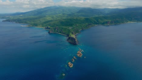 aerial establishing drone fly japanese sea and headlands landscape at shakotan hokkaido, summer travel spot