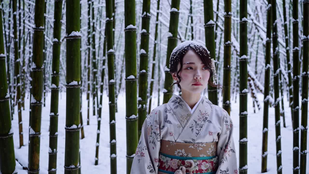 A serene video scene of a woman in a kimono standing in a snowy bamboo forest