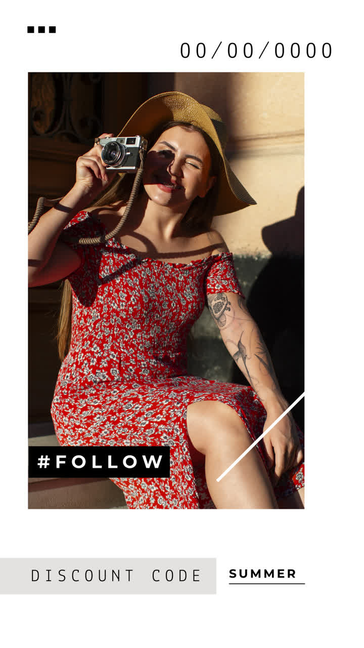 Woman in a floral dress with a vintage camera