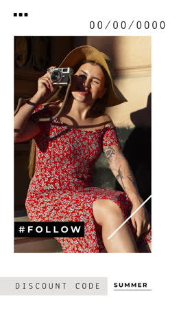 woman in a floral dress with a vintage camera