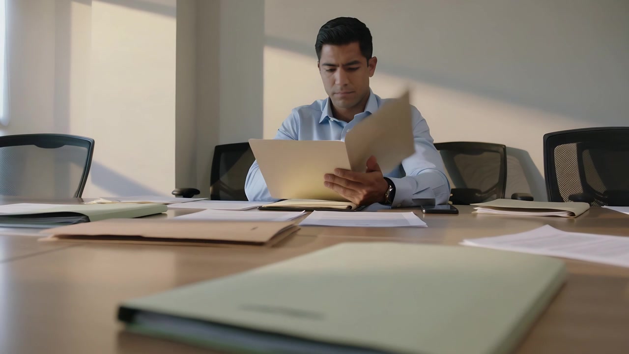 Opening man in blue shirt flipping papers at conference table, checking green folder for meeting