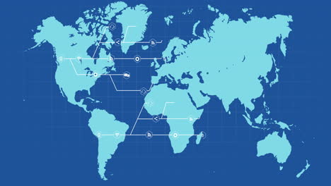 blue world map with growing white network of connected icons on blue background