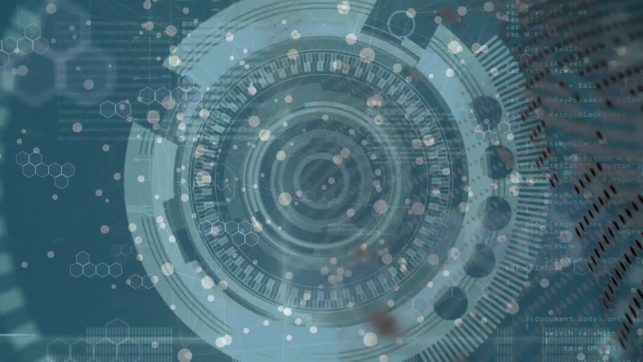 녹색 바탕에 있는 프로세싱 원, 분자 및 글로브의 애니메이션