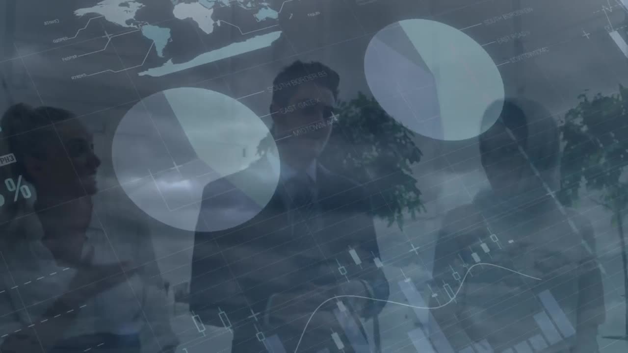 Animation of financial data processing over diverse group of business people