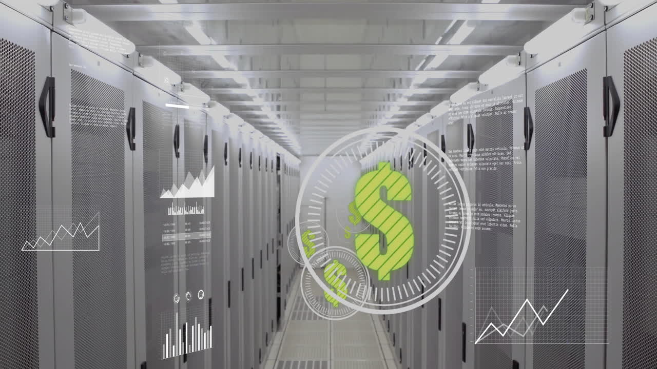 Financial data processing animation over servers in modern data center