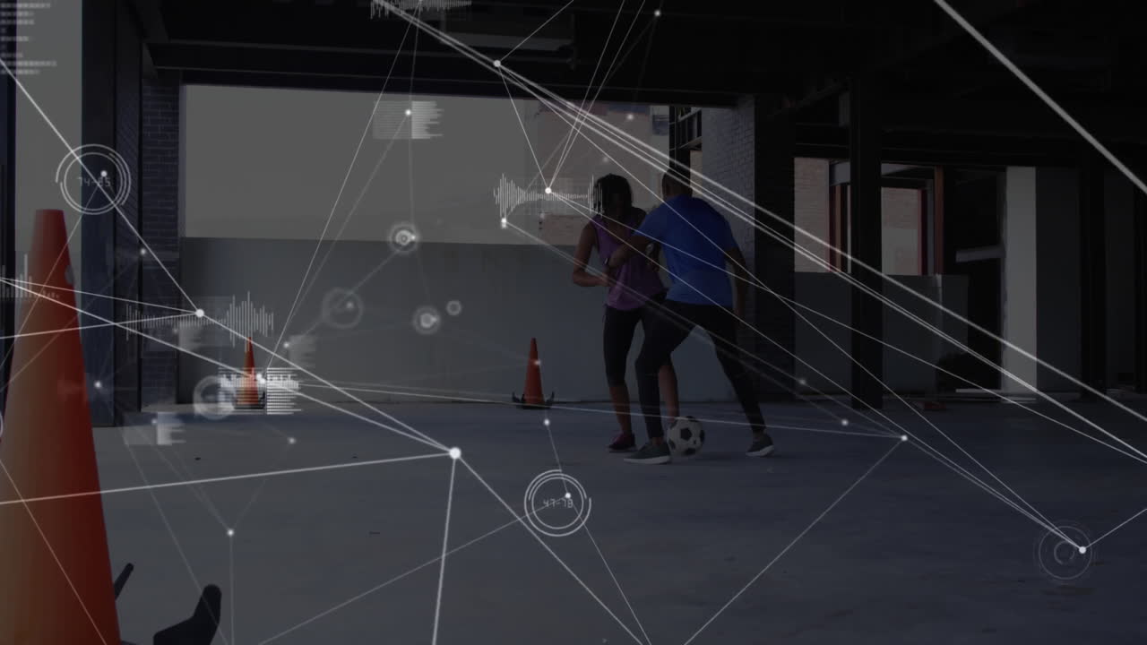 Playing soccer, two people with network connections and data processing animation