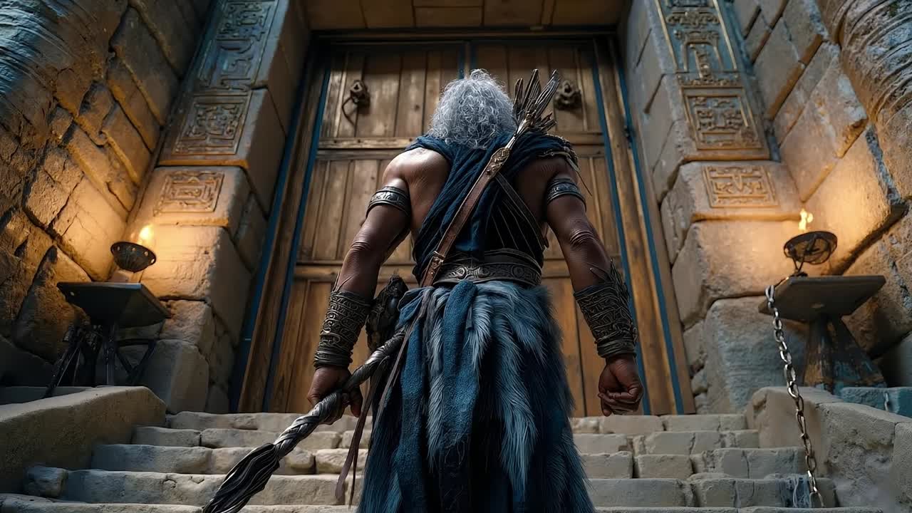 A man in a blue dress walking up some stairs with a bow and arrow