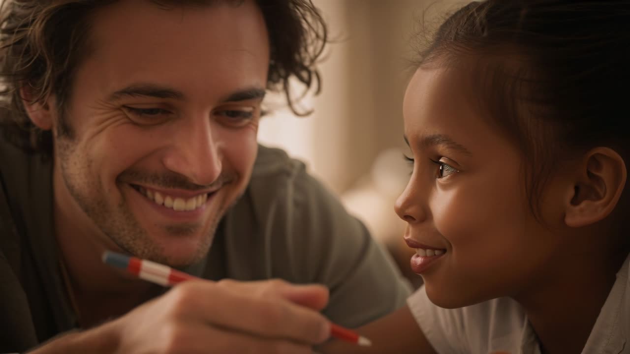 Moving red-and-blue pencil, father in grey T-shirt guiding child's hand at home table, teaching